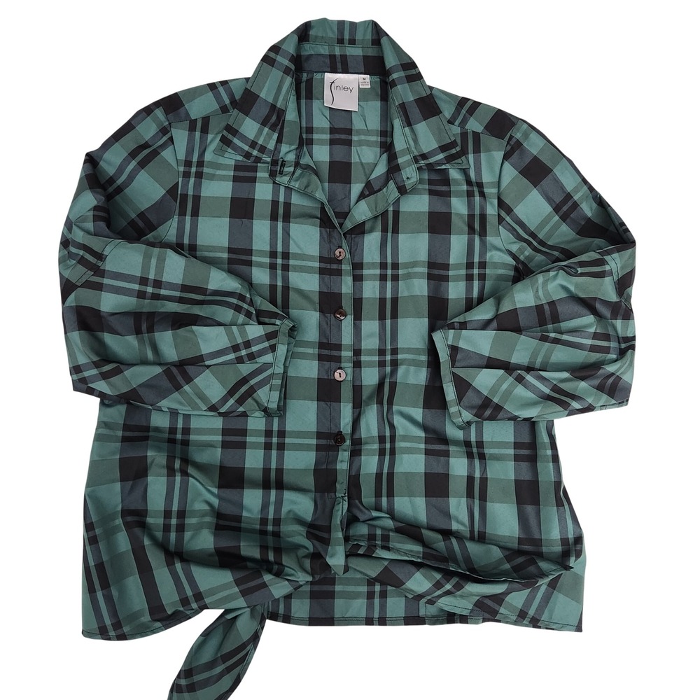 Finley Emmy Green Black Plaid Tie Front Blouse Pleated Cuff Medium Made in USA